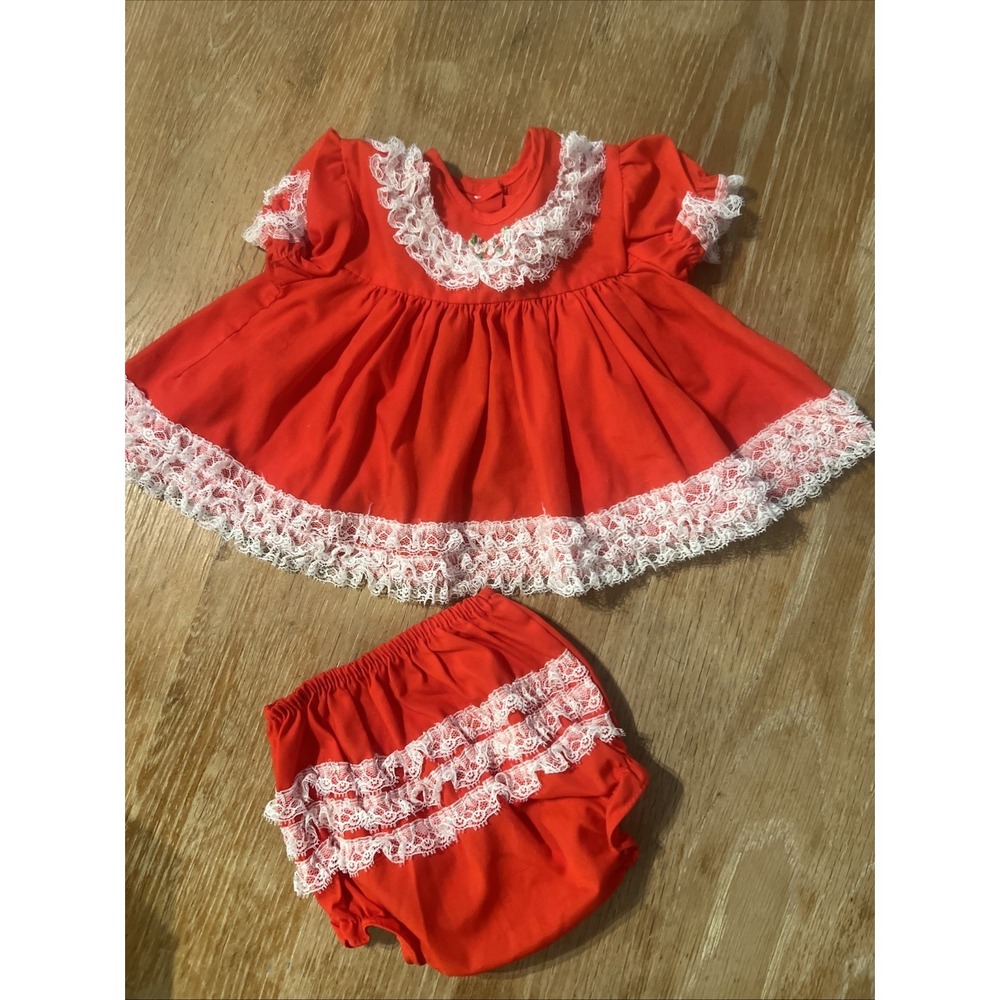 Vtg Sears Newborn Baby Dress Red White Lace Bloomers Cottagecore